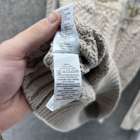 LL Bean Signature Sweater Womens XL Beige Floral Cable Knit Cotton Pullover - Picture 11 of 13